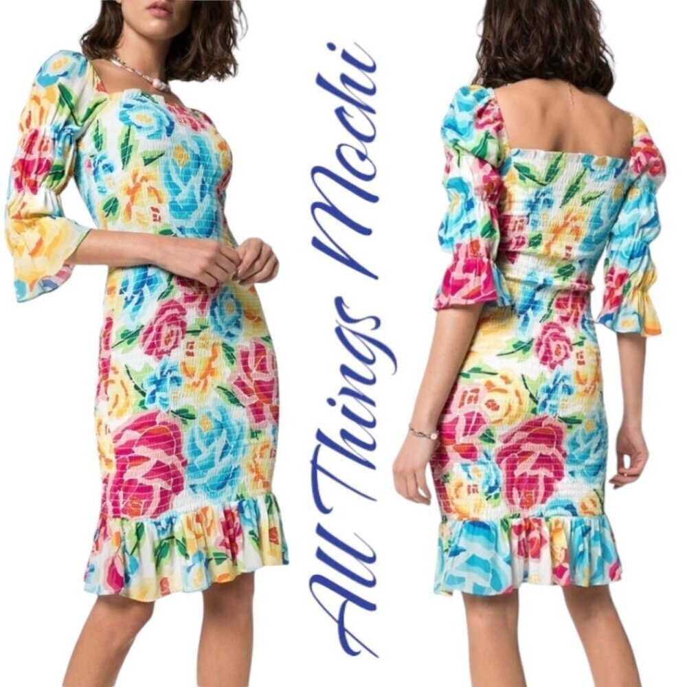 NWT‎ ALL THINGS MOCHI Marianna Silk Smocked Bold Floral Ruffle Mini Dress, Small